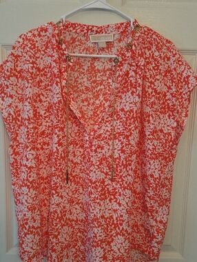 Michael Kors Red/Orange White Floral Tie-Detail Tunic Size XL